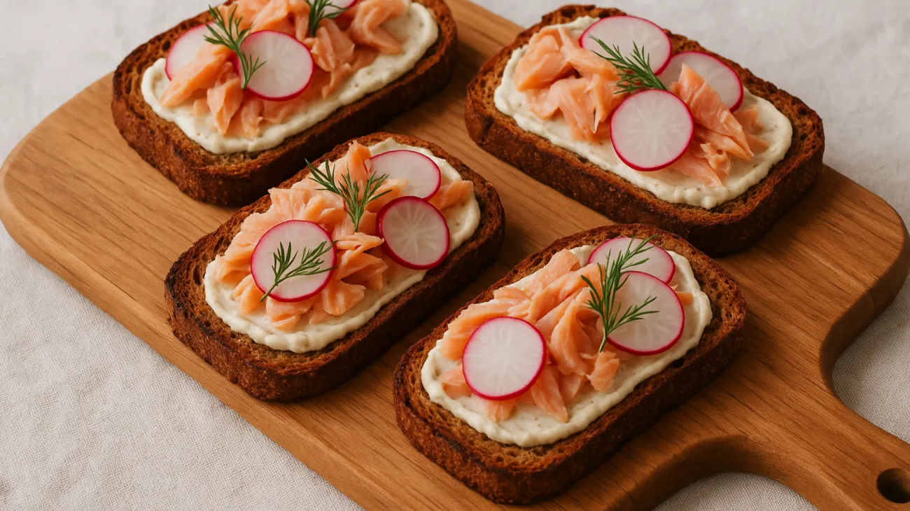 Dinkelbrot, geräucherte Forelle, Radieschen"