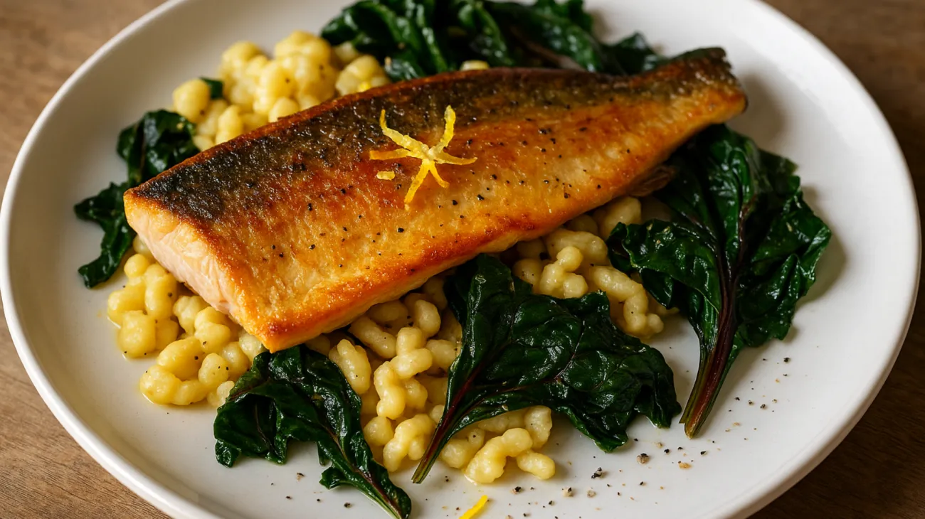 Eierspätzle, Forellenfilet, Mangold"