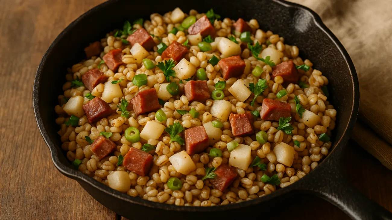 Graupenpfanne, Mairübchen, Rinderschinken"